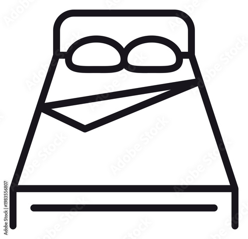Double bed with two pillows and folded blanket vector icon illustration. Minimalist black line art symbol for bedroom furniture, hotel accommodation, sleep, rest, and home interior design.