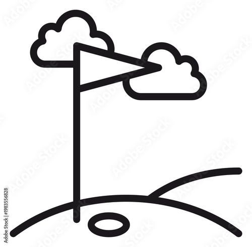 Golf Course Hole with Flag and Clouds Vector Icon Illustration. Minimalist Black Line Art Symbol for Sports, Leisure, and Outdoor Activity. Scalable Graphic Design Element for Web and Print.