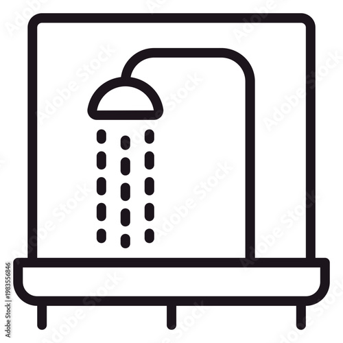 Shower vector icon, black line art illustration of a bathroom shower stall with a shower head spraying water and a base tray, minimalist symbol for hygiene and plumbing, scalable graphic.