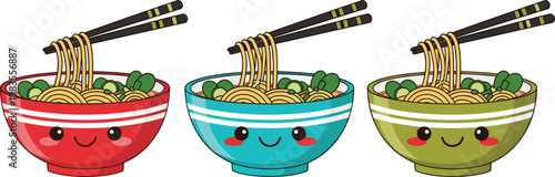 Cute ramen bowls characters set kawaii food vector illustration smiling noodle soup collection adorable design elements