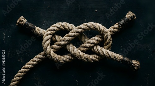A tightly woven rope knot laid out on a dark surface with two loose ends