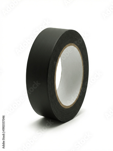 Roll of black duct tape with a cardboard core on white background