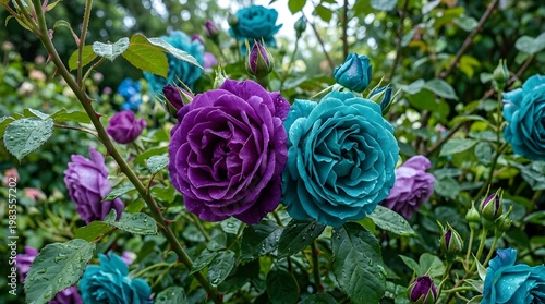 A close-up view of vibrant purple and blue roses in full bloom surrounded by lush greenery and buds in a garden setting