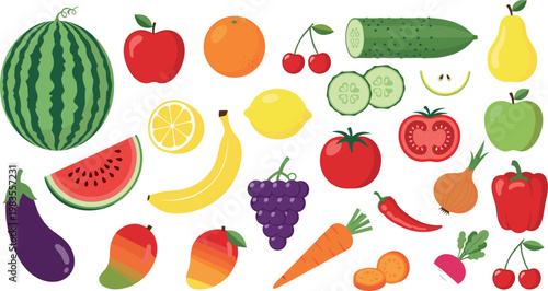 Assorted colorful fruits and vegetables vector illustration set with watermelon apple banana carrot cucumber and fresh organic food icons