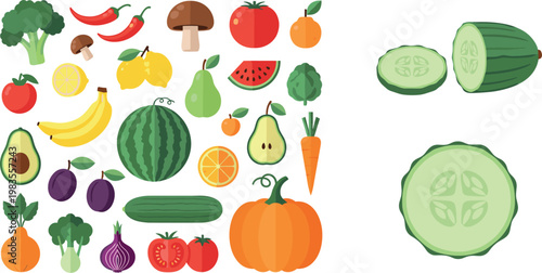 Colorful fresh fruits and vegetables vector collection with cucumber slices pumpkin citrus broccoli and assorted healthy organic food icons