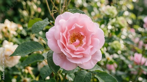 A large pink rose with green leaves and blurred background flowers in a garden setting