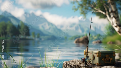 Peaceful lakeside fishing scene with rod tackle box and scenic mountain nature background