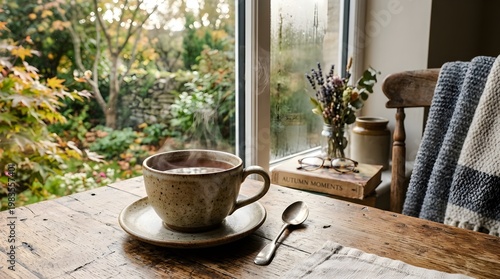 A steaming cup of coffee on a rustic wooden table by a window with a garden view on a cozy morning