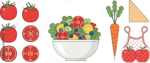 Fresh salad bowl with tomatoes carrot cheese reusable bag and sliced tomato set healthy food vector illustration collection