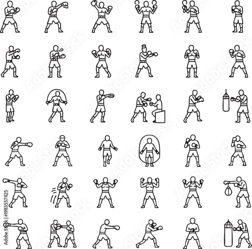 Modern Boxing Icon Pack – Gloves, Punching Bag, Ring & Fight Symbols Vector Set for Sports UI Design
