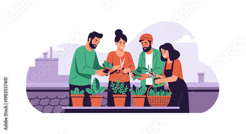 Diverse group of people tending to plants in pots.