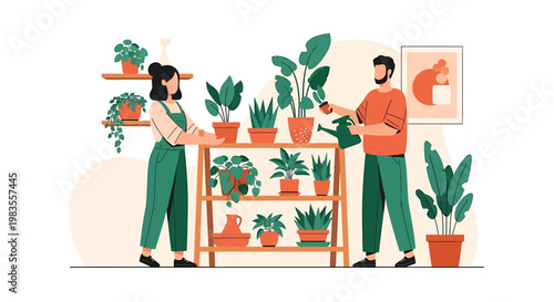 Couple tending to houseplants in a bright indoor setting.