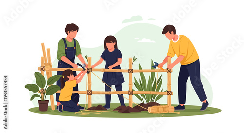 Family Building a Bamboo Fence Together in the Garden.