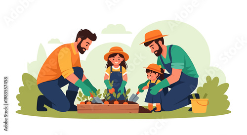 Family planting vegetables in a garden together.