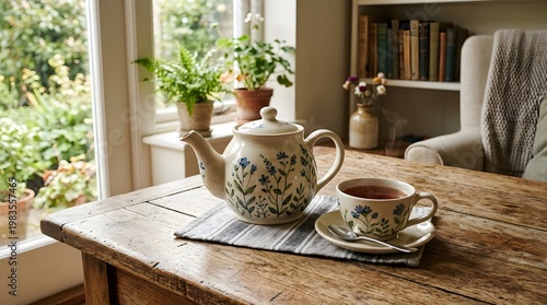 A tea set with a teapot and cup sits on a rustic wooden table in a cozy living room with a window and plants in the background