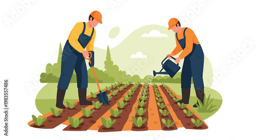 Farmers tending crops in a field, irrigation and cultivation.