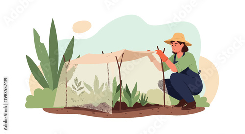 Female Farmer Tending to Plants in a Small Greenhouse.