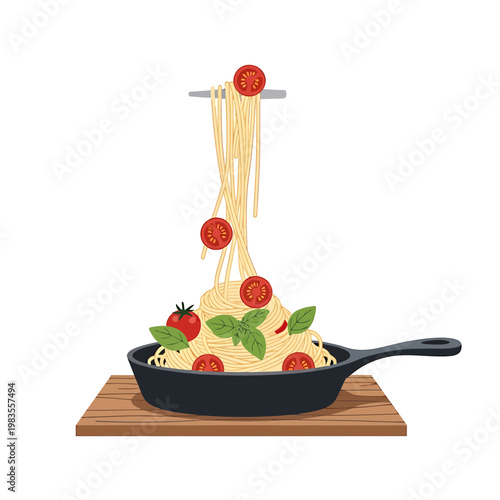 Spaghetti Pasta with Cherry Tomatoes and Basil in a Skillet Illustration