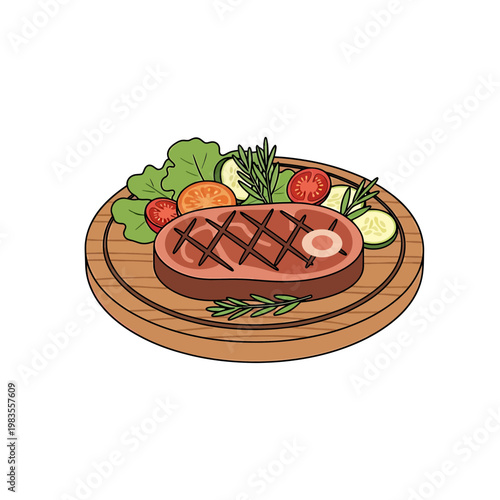 Grilled Beef Steak with Fresh Vegetables on Wooden Board Illustration