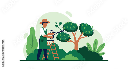Gardener trimming tree branches with pruning shears on ladder.
