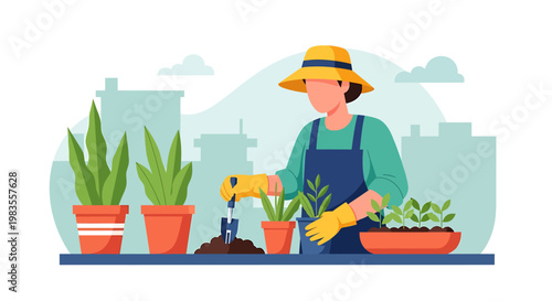 Gardener tending to young plants in pots on a sunny day.