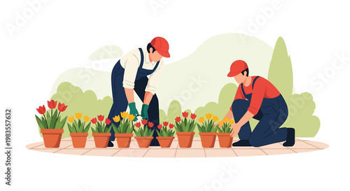 Gardeners Planting Colorful Tulips in Pots Illustration.