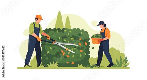 Gardeners Trimming a Bush with Shears and Collecting Clippings.
