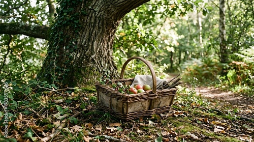 A wicker basket filled with fresh produce sits at the base of a large tree in a forest surrounded by greenery and fallen leaves on the ground.
