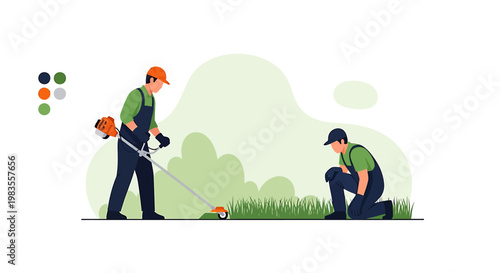 Gardeners Trimming Grass with a String Trimmer and Checking the Lawn.