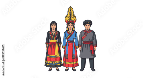 Traditional Ethnic People in Central Asian Folk Clothing Illustration