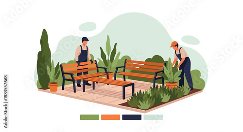 Gardeners working in a park with benches and plants.