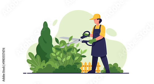 Illustration of a Gardener Trimming Bushes with Large Shears.