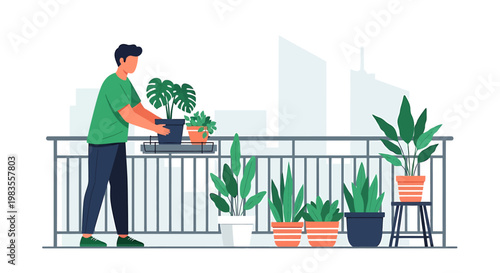 Man tending to potted plants on a balcony, urban gardening.
