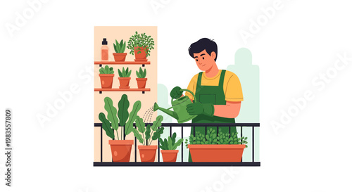 Man watering plants on balcony garden illustration.