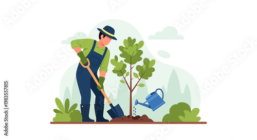 Man Planting a Tree Sapling with Shovel for Environmental Conservation.