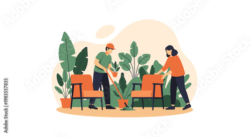 People Arranging Plants Around Chairs in an Indoor Setting.