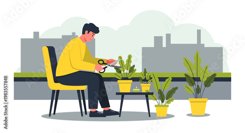 Man pruning houseplants on a balcony with city buildings in the background.