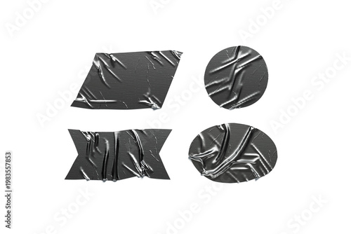 Blank black round, oval, rectangle adhesive crumpled tape mockup, isolated
