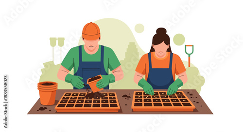 Two gardeners planting seeds in trays, preparing for spring season.
