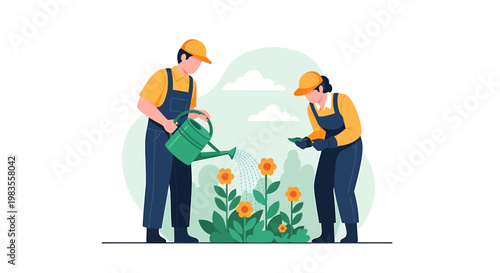 Two gardeners tending to blooming flowers in a garden setting.