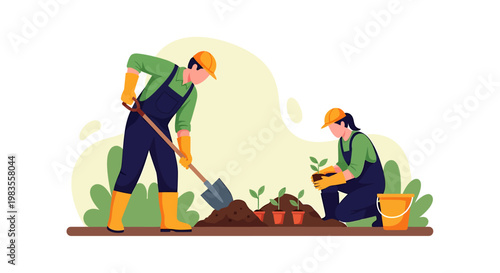 Two gardeners planting seedlings in the soil with tools and a bucket.