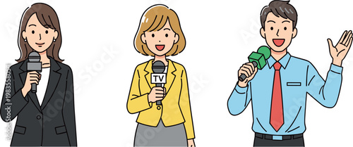 Vector illustration set of professional news reporters holding microphones in different poses, ideal for journalism, TV, and media-related designs