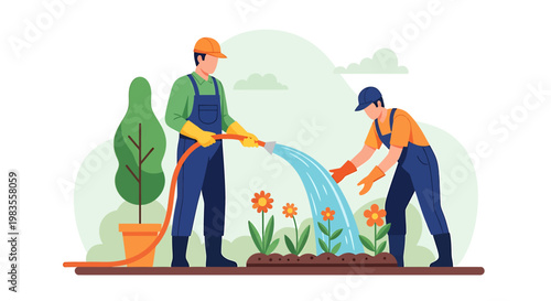 Two Gardeners Watering Flowers with Hose in Garden.