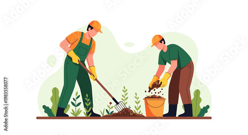 Two gardeners working together planting and cultivating plants.