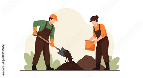 Two Gardeners Working Together Planting in a Garden Bed.