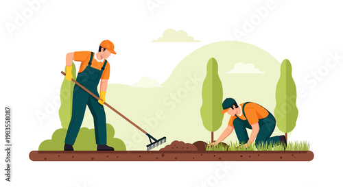 Two gardeners working together in a garden planting and raking.