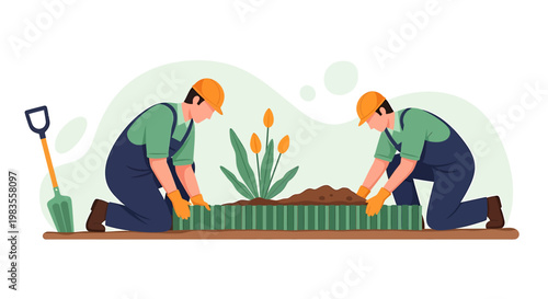 Two Landscapers Laying Turf for New Garden Bed.