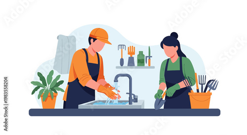 Two people washing dishes in a kitchen sink, wearing aprons.