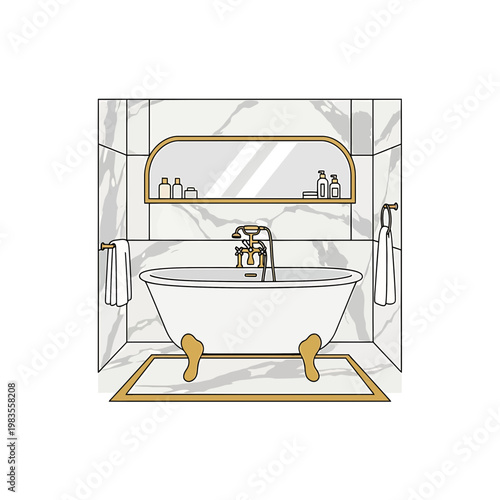 Modern Luxury Bathroom Illustration with Clawfoot Bathtub and Marble