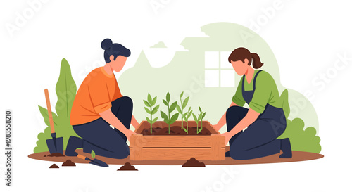 Two Women Planting Seedlings in a Raised Garden Bed.